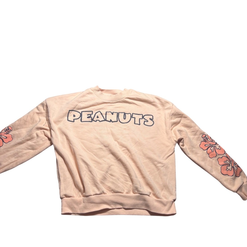 Peanuts Snoopy Sweatshirt Peach Pink Hibiscus Snoopy Surfing Tropical Women XS